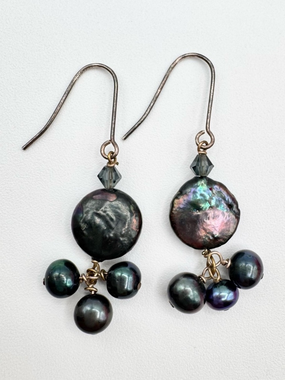 Black Pearl Cluster Dangle Earrings Iridescent Oil Slick Silver Tested Ear Wires
